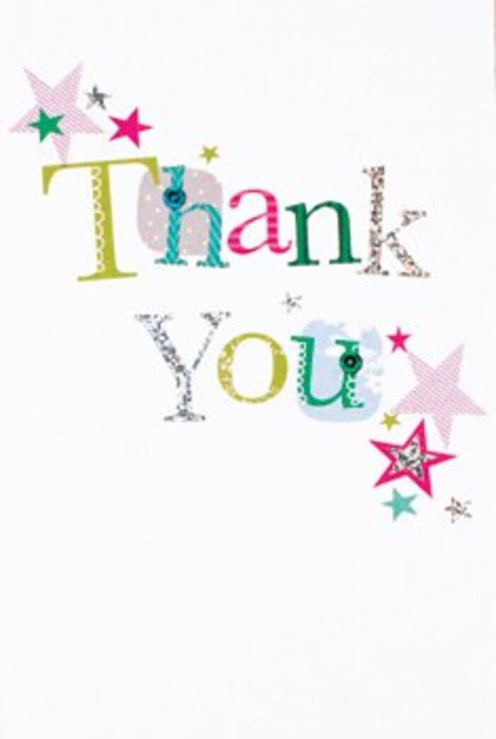 The elegant arrangement of this thank you card brings a refined exuberance, capturing the artistry of Knightsbridge's finest designers. Each letter in 'Thank You' radiates its own spirit; some are whimsical, adorned with playful spots or graceful curves, while others adopt an almost musical poise, suggesting notes found in a symphony performed in nearby Cadogan Hall. Scattered around the warm message, stars sparkle in fuchsia, deep turquoise, and soft silver, blessing the words with a modern flourish reminiscent of Knightsbridge's sophisticated charm. The pristine white background breathes light into the design, ensuring every hue and shimmering detail stands vivid and crisp. The overall impression is one of poised joy-neither ostentatious nor somber, but perfectly balanced for any thoughtful gesture. This card would sit beautifully nestled beside a bespoke arrangement made for a neighbour or friend, offering thanks that feel as natural and memorable as meeting for coffee along Brompton Road. There's an ease and warmth in this card, making it the ideal way to send gratitude, whether following a grand celebration or as a spontaneous act of kindness.