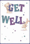 Radiating warmth and playful optimism reflective of the Knightsbridge lifestyle, this get well card blends artistic charm with emotional comfort. Two sweet characters-a cuddly teddy bear and an affectionate puppy-burst from the card, joyfully holding and balancing bold, oversized letters spelling out 'Get Well'. Their illustrated fur, rendered in soft, inviting shades, transcends the page with a near-tangible quality, like a gentle hug delivered alongside the fragrant bouquets found at local flower shops. Hues of indigo and vibrant teal infuse the text with energy, standing out against a creamy, sunlit background reminiscent of laid-back mornings near Hyde Park. Twinkling stars in blues and violets scatter about, evoking a whimsical sense of hope that feels right at home in Knightsbridge's elegant atmosphere. Each detail-the expressive eyes, the playful postures, the airy composition-contributes to the card's comforting aura, mirroring the soothing intentions behind every bouquet created by area florists. This illustrated scene offers more than a message; it acts as an emotional tonic, delivering cheer, kindness, and an embrace as heartfelt as a hand-tied arrangement of fresh local blooms.